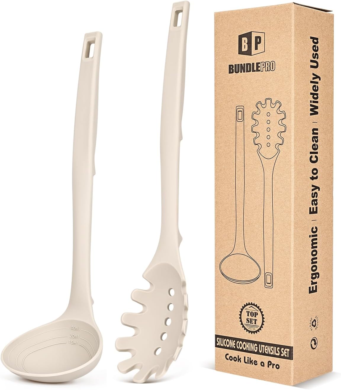 Silicone Pasta Fork and Soup Ladle Set, Heat Resistant Non Stick Kitchen Utensils with Back Hooks, Suitable for Cooking, Stirring, Serving Spaghetti, Soup, Sauce(KHAKI)