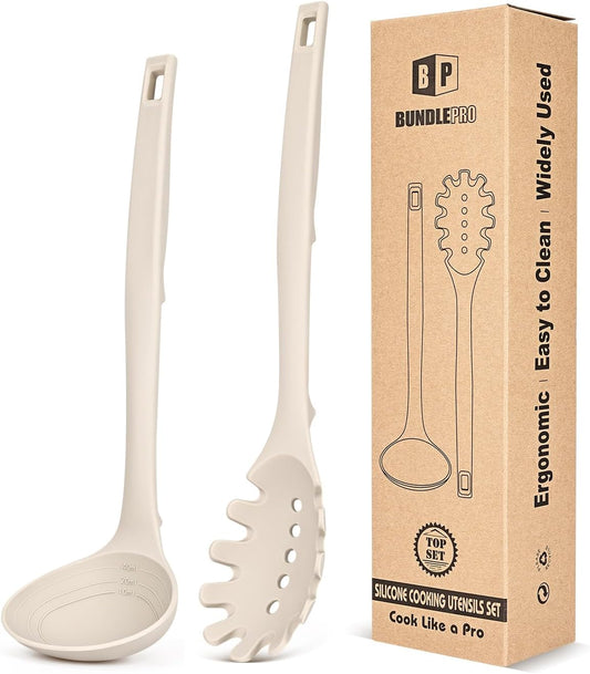 Silicone Pasta Fork and Soup Ladle Set, Heat Resistant Non Stick Kitchen Utensils with Back Hooks, Suitable for Cooking, Stirring, Serving Spaghetti, Soup, Sauce(KHAKI)