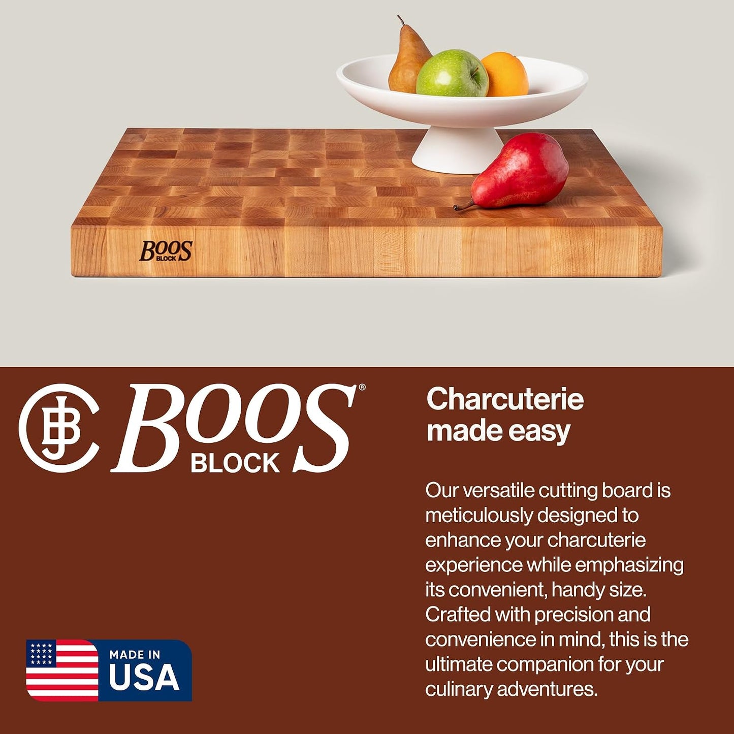 John Boos CCB Series Rectangular Wooden Maple Cutting Board 24”x18” – 2.25” Thick, 30-lb Reversible Butcher Block with End-Grain & Finger Grips – Made in the USA
