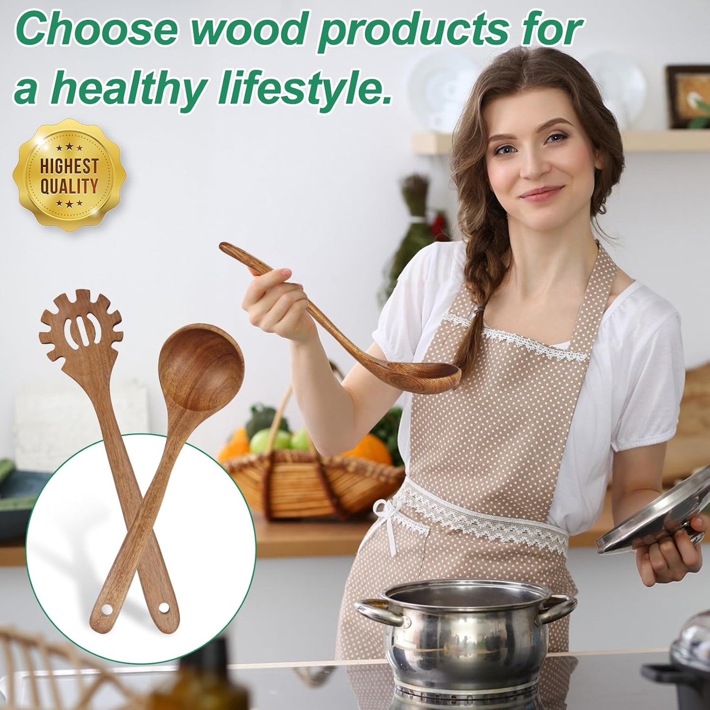 2-Piece Soup Ladle Pasta Spoon Set, Wooden Ladles for Cooking