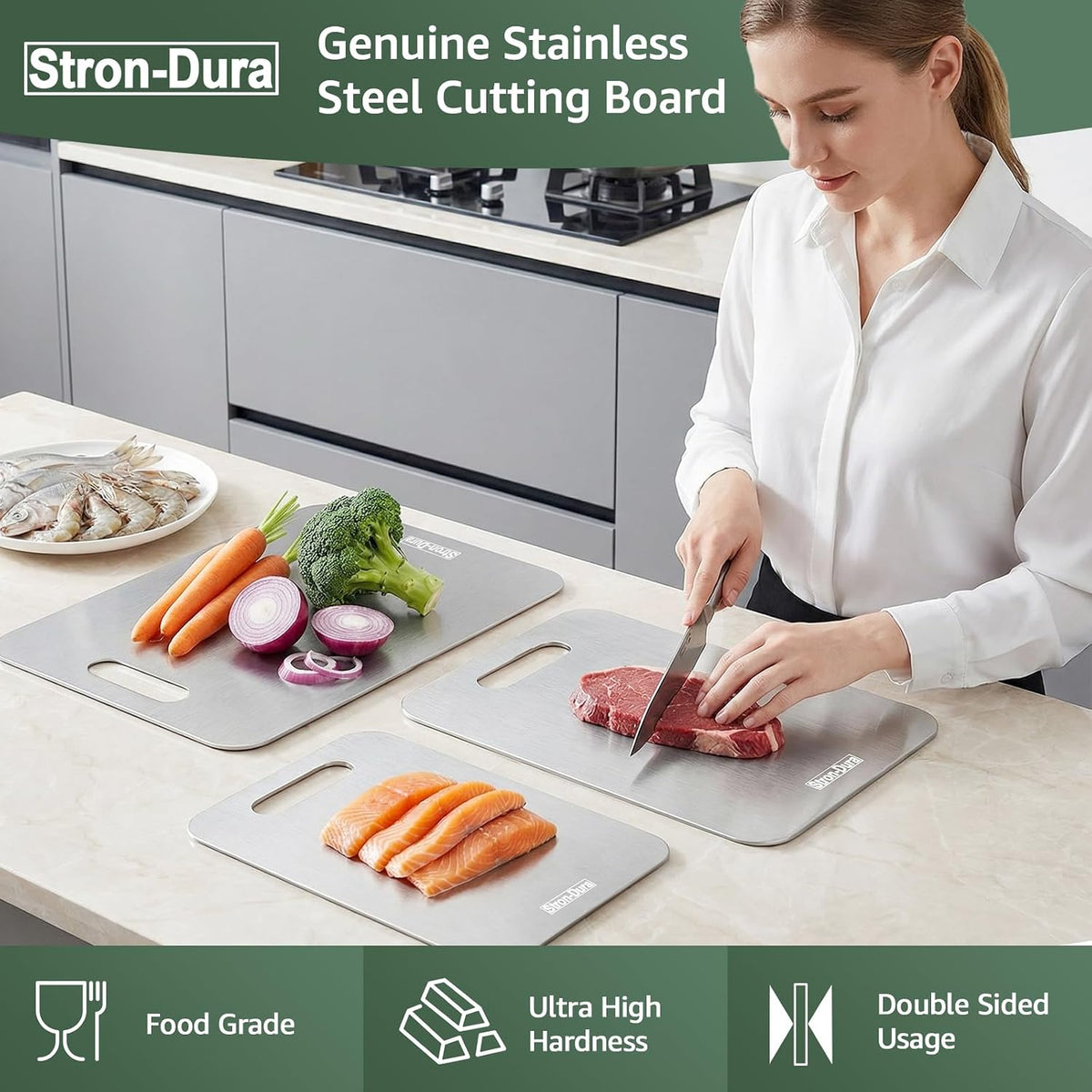Stron-Dura Cutting Board, Stainless Steel Cutting Board, Foodgrade Cutting Boards for Kitchen, Double Side Use, Odor free, S 11.5" * 8"