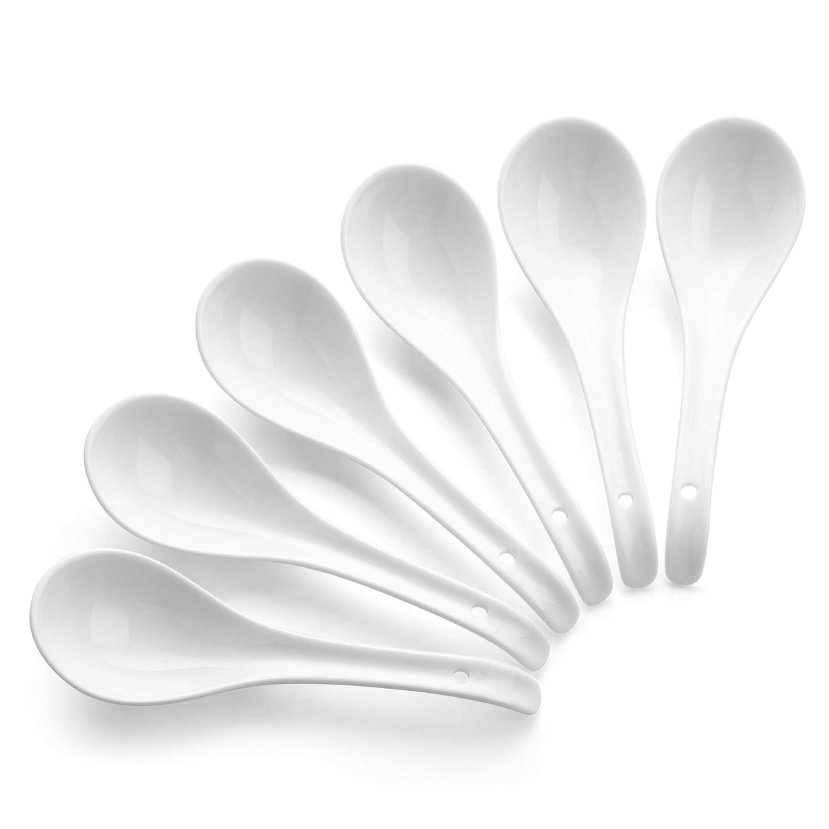 DOWAN Soup Spoons, Ceramic Asian Soup Spoons, White Japanese Spoon Large for Ramen Pho Wonton Dumpling Miso, Deep Oval Hook Design, Set of 4 (4, Soft white)