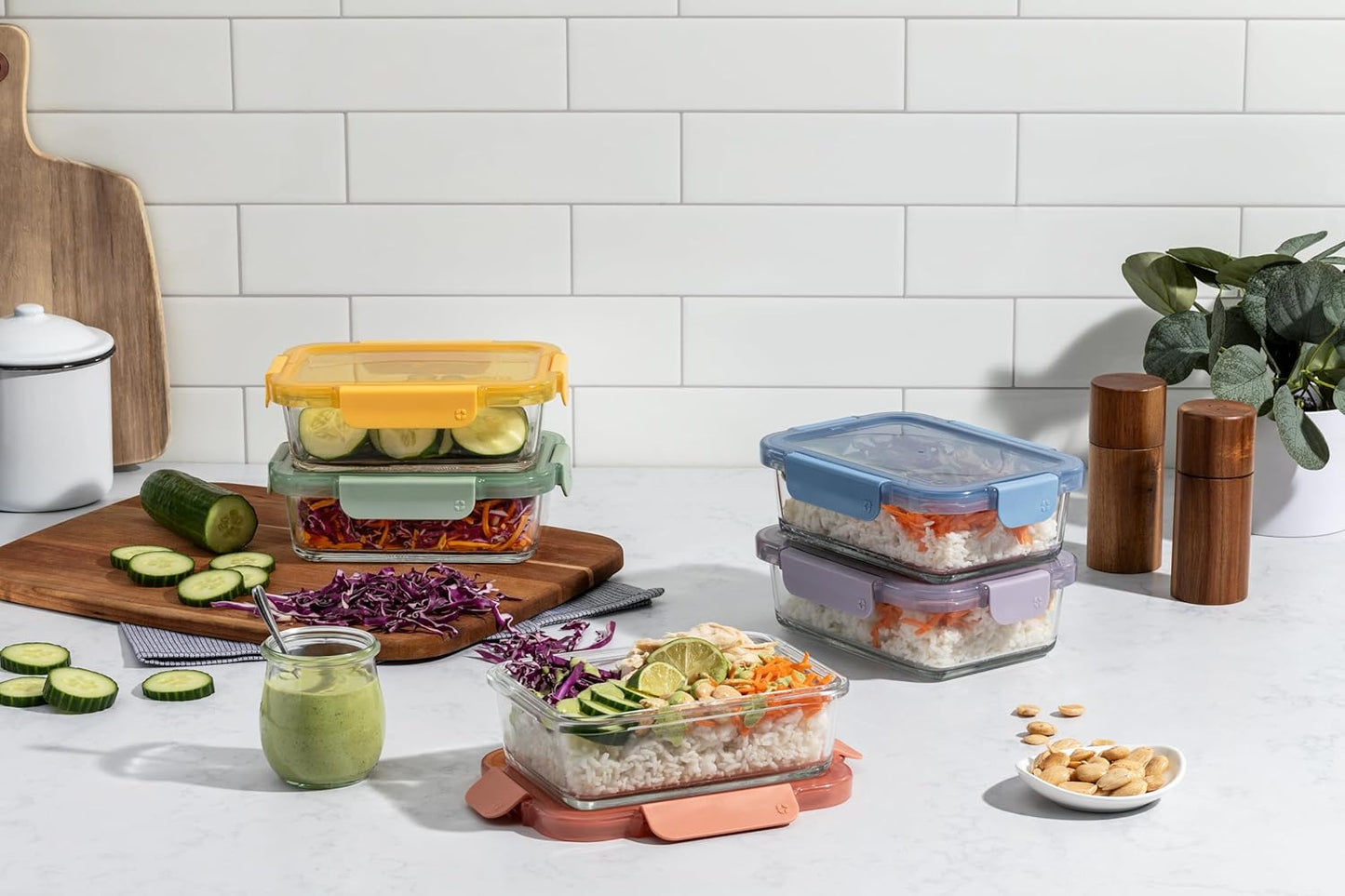 Ello Color Lock 3.4 Cup Glass Meal Prep Containers & Lids, 5 Pack, Desert