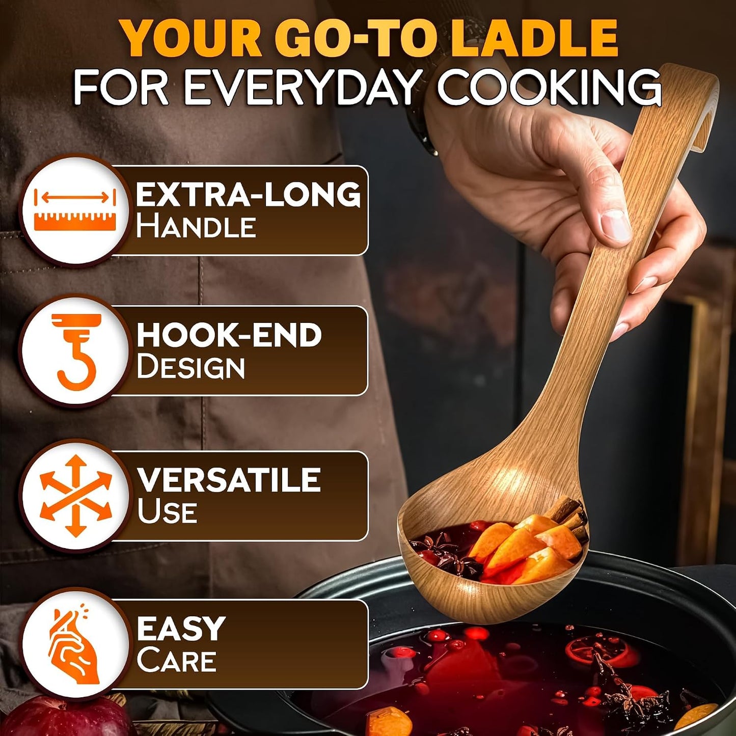 Wooden Soup Ladle 10.8 x 2.8 Inch, Long Handle Spoon with Hook End