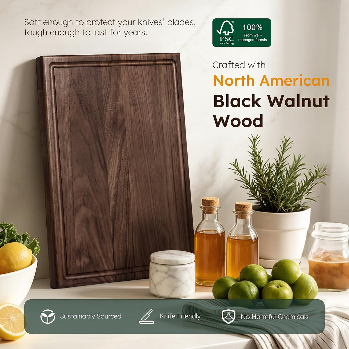 Luxury American Black Walnut Wood Wooden Cutting Boards for Kitchen 17''