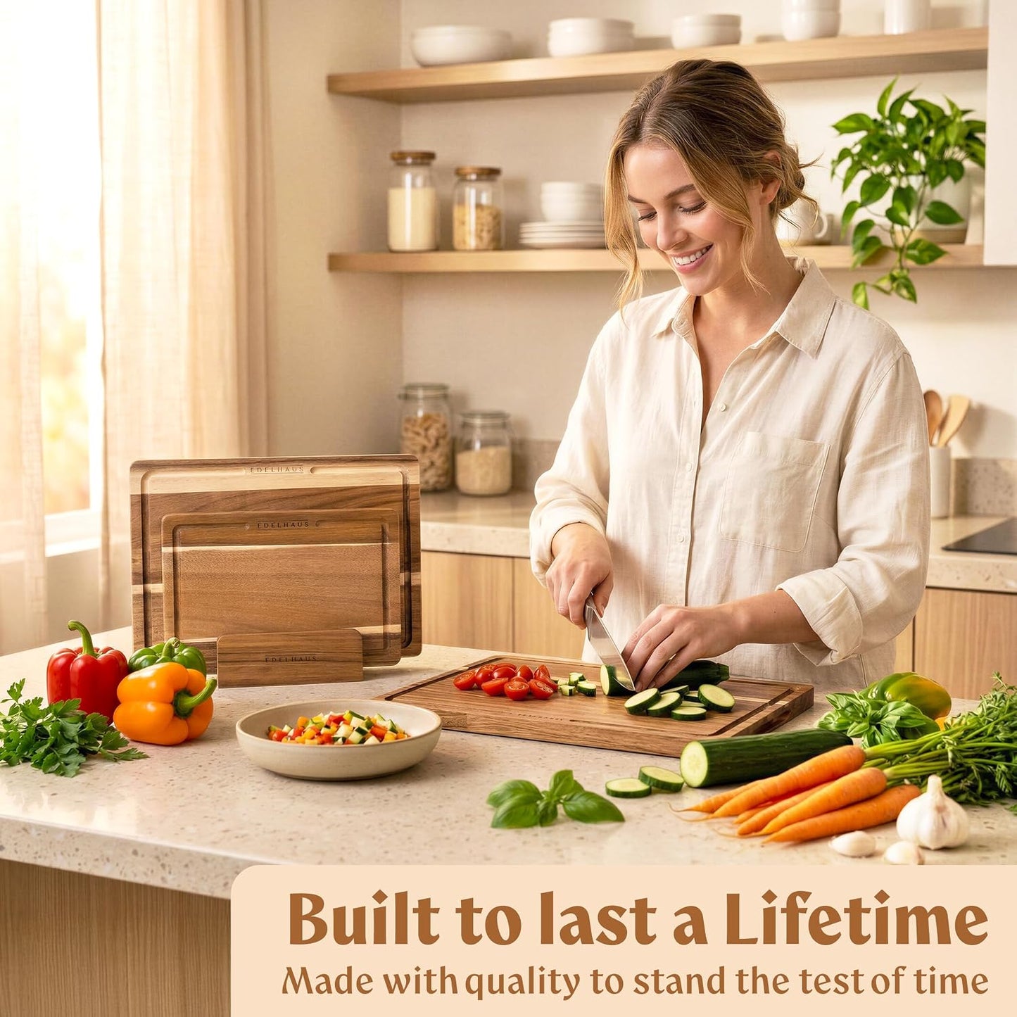 EDELHAUS Acacia Wood Cutting Boards for Kitchen Set of 3, Double sided