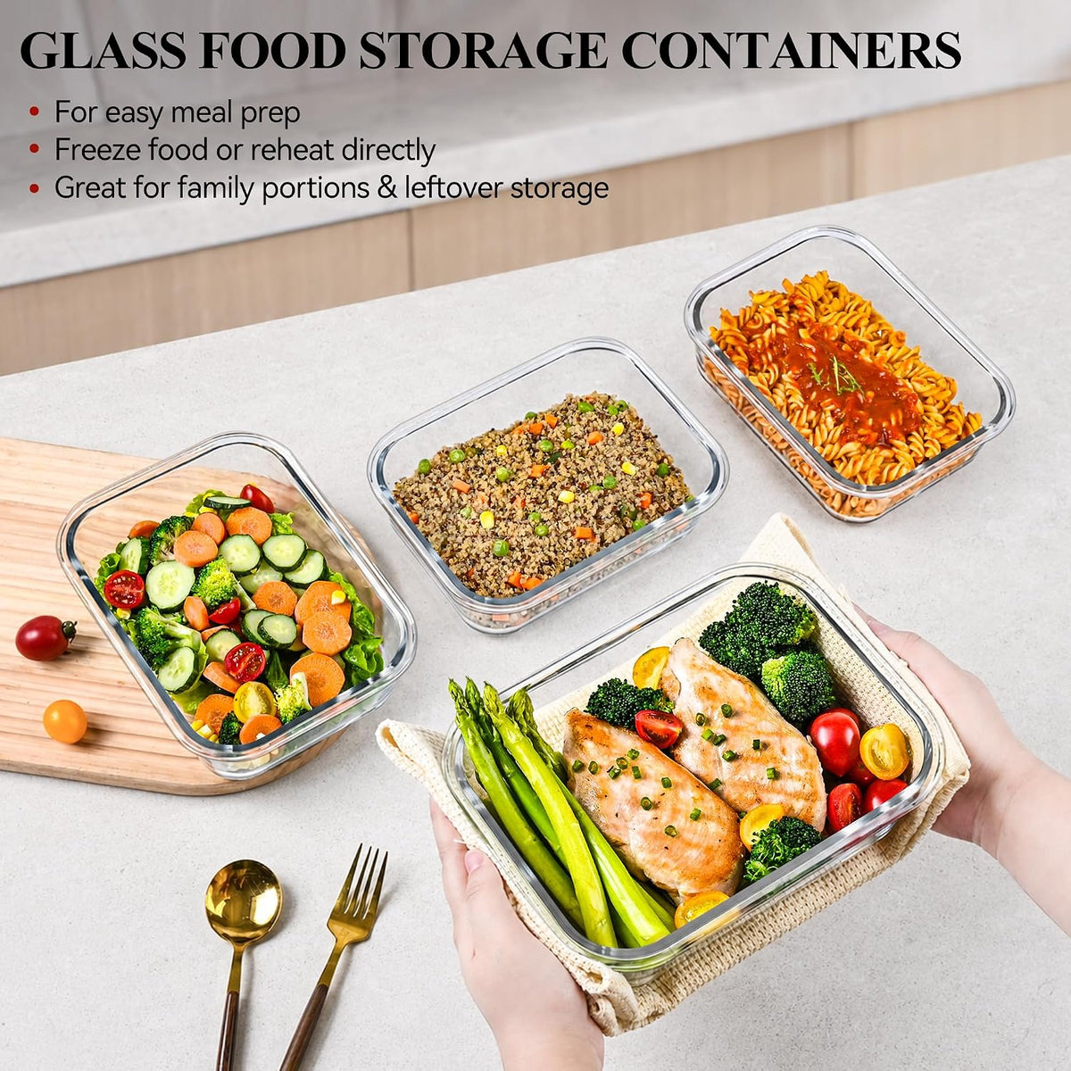 LOVYANXUE 4 Pack 52oz Large Glass Food Storage Containers with Lids, Meal Prep Containers with Airtight Lid for Storing, Baking, Serving, BPA-Free, Freezer, Microwave, Oven & Dishwasher Safe