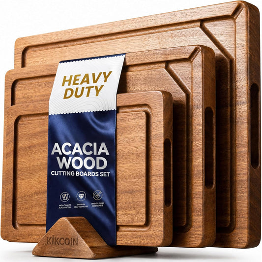 Kikcoin Acacia Wood Cutting Board Set of 3, Wooden Cutting Boards for Kitchen with Deep Juice Grooves, Butcher Block Wooden Chopping Board for Meat, Large Solid Charcuterie Boards Serving Tray