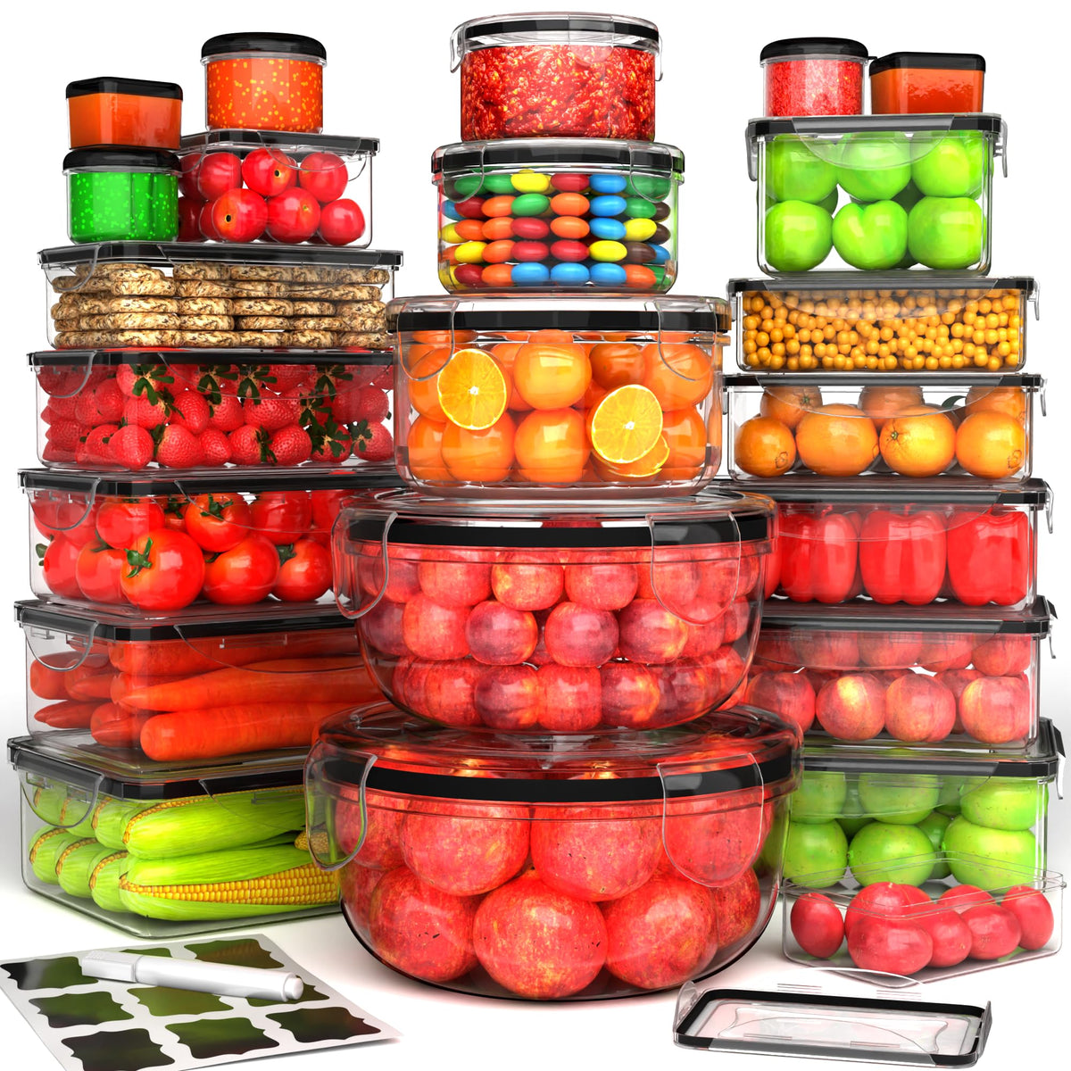 RockBerry 50 Pcs Large Food Storage Containers with Lids Airtight-85 OZ to small Containers-Total 526OZ Stackable Kitchen Set -BPA Free Leak proof containers- Freezer Microwave safe