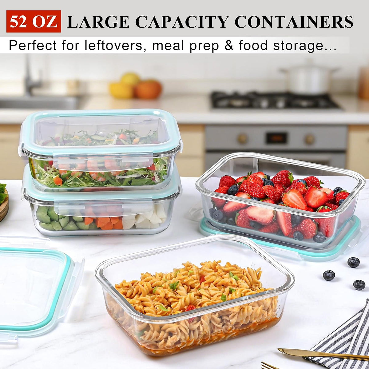 LOVYANXUE 4 Pack 52oz Large Glass Food Storage Containers with Lids, Meal Prep Containers with Airtight Lid for Storing, Baking, Serving, BPA-Free, Freezer, Microwave, Oven & Dishwasher Safe