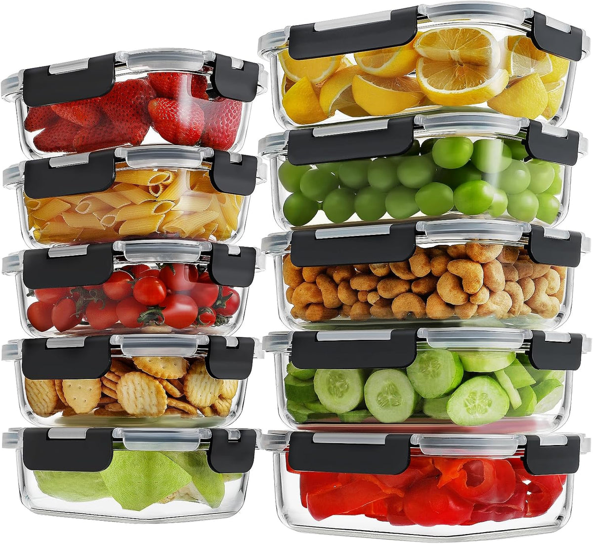 HOMBERKING 10-Pack Glass Meal Prep Containers, 36 oz/14 oz, Locking Lid Set