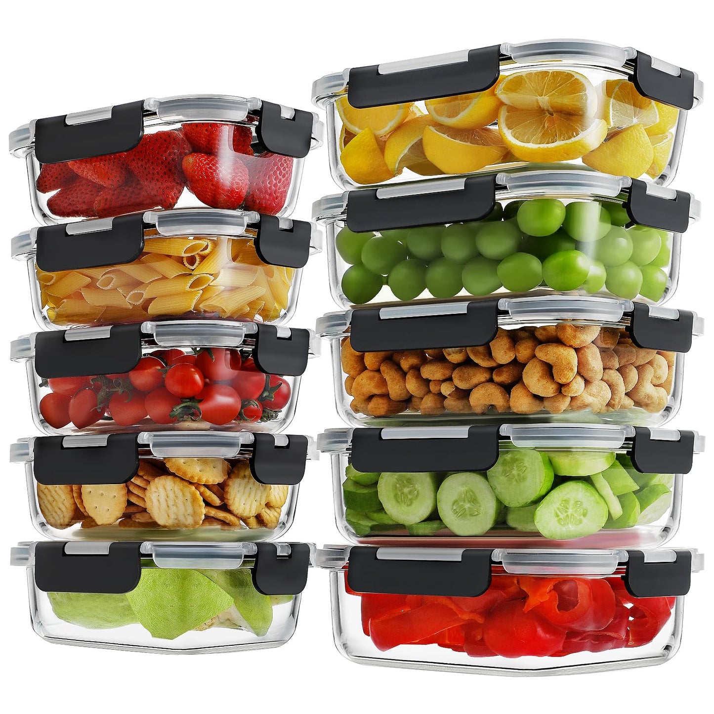 HOMBERKING 10-Pack Glass Meal Prep Containers, 36 oz/14 oz, Locking Lid Set