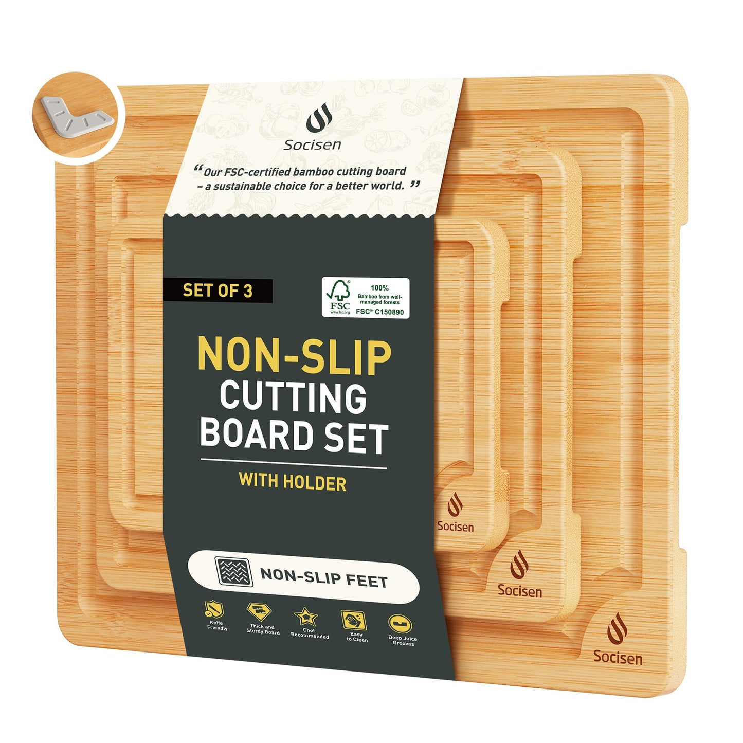 3 Packs Bamboo Cutting Board Set with Non Slip Feet Holder and Over Sink Nice Solid Thick Wood Juice Groove Chopping Board Extra Large Big Small Best Hardwood Kitchen Organic Vegetable Meat BBQ Kit