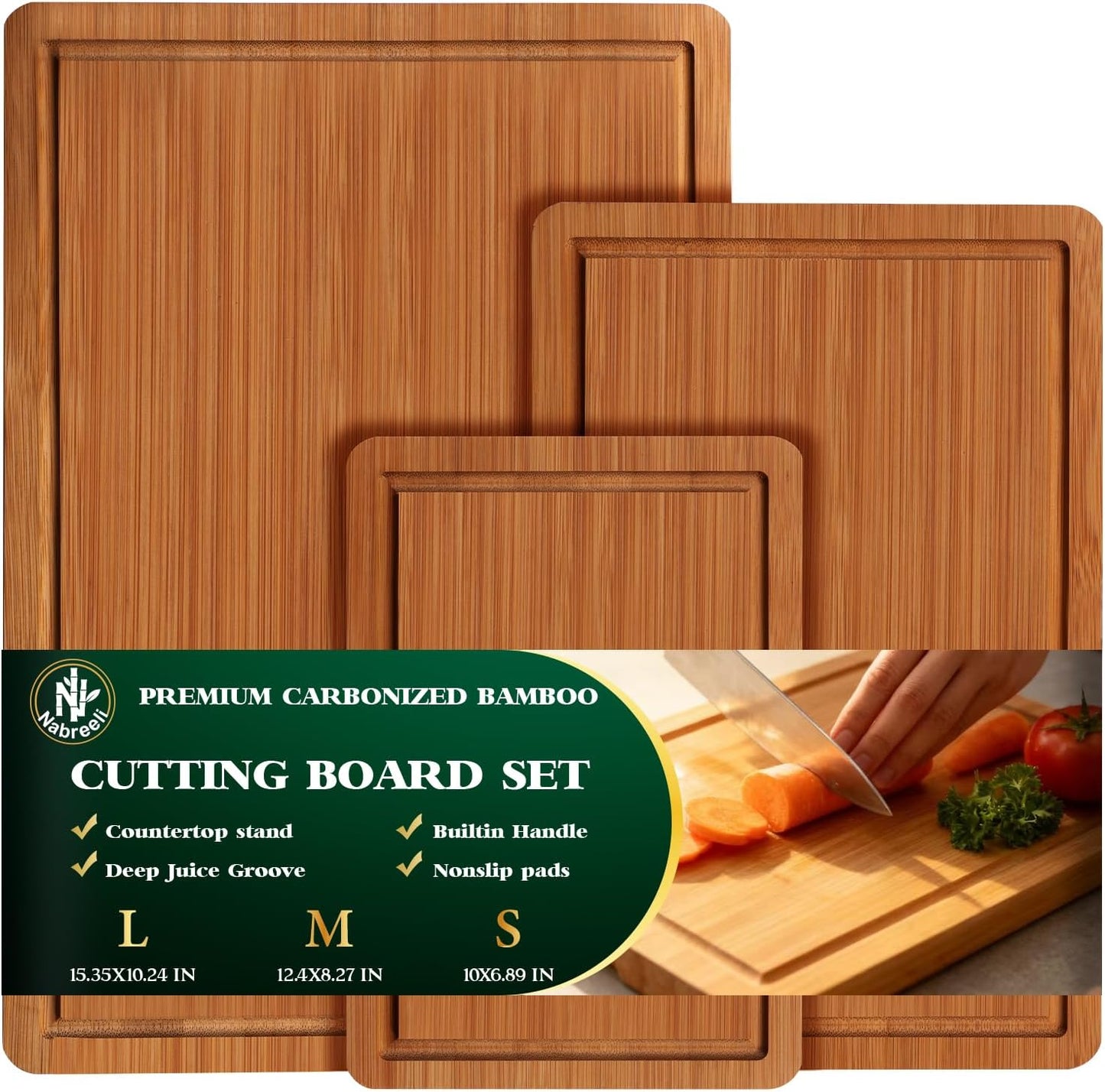 Bamboo Cutting Board Set of 3 with Stand, Carbonized Bamboo, Juice Groove