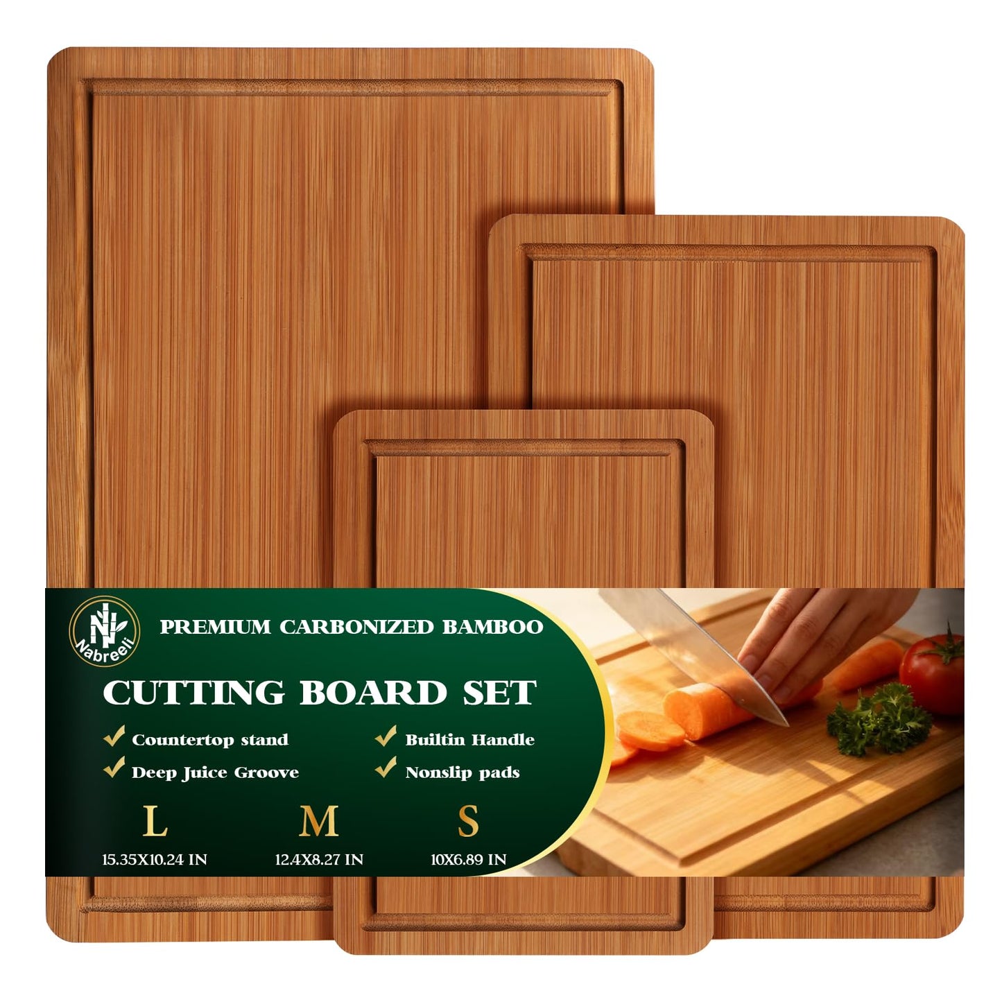 Bamboo Cutting Board Set of 3 with Stand, Carbonized Bamboo, Juice Groove