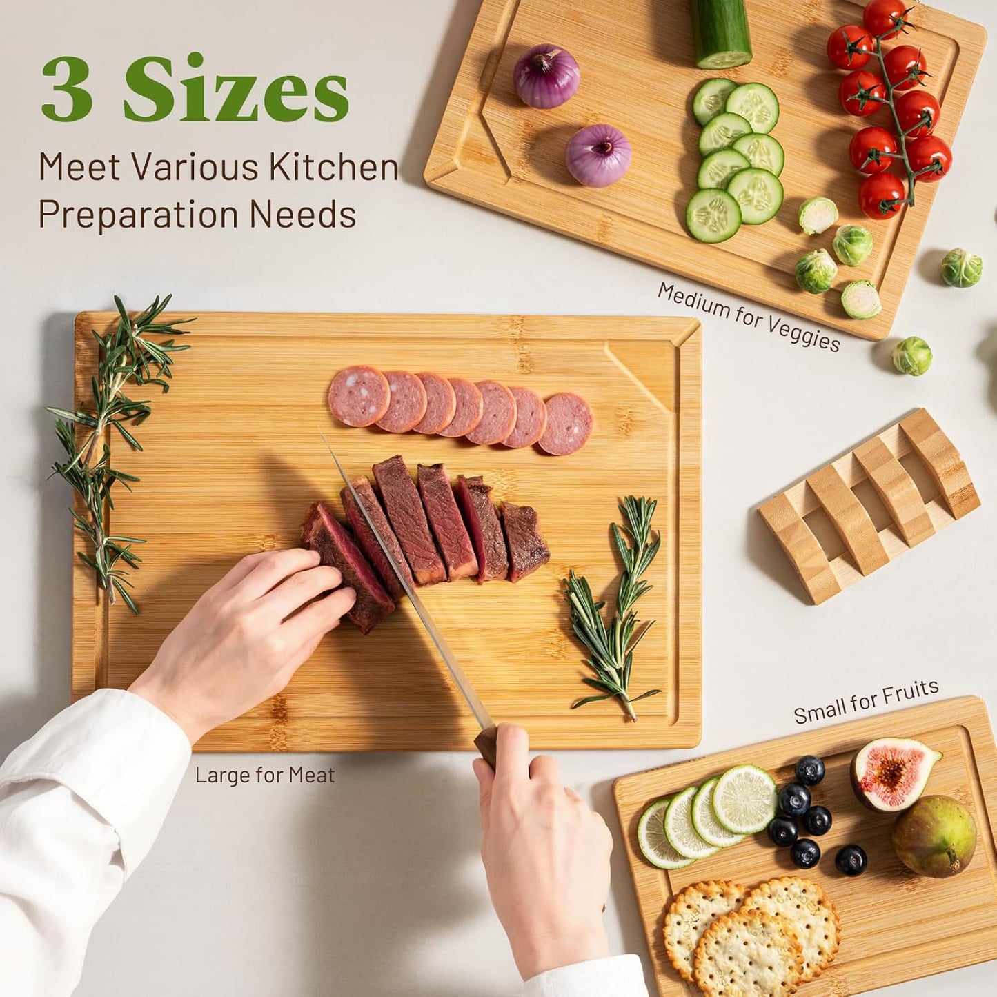 Kikcoin 3+1 Piece Self-Draining Bamboo Cutting Boards, Wooden Cutting Boards for Charcuterie, Vegetables, Cheese, Bread, Extra Large Chopping Boards with Deep Juice Groove and Handle, Natural