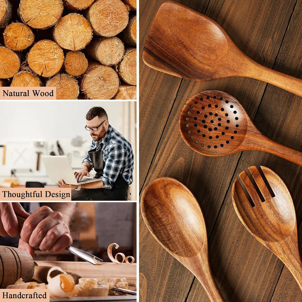 8 Piece Wooden Kitchen Utensils Set, Teak Wooden Spoons for Cooking