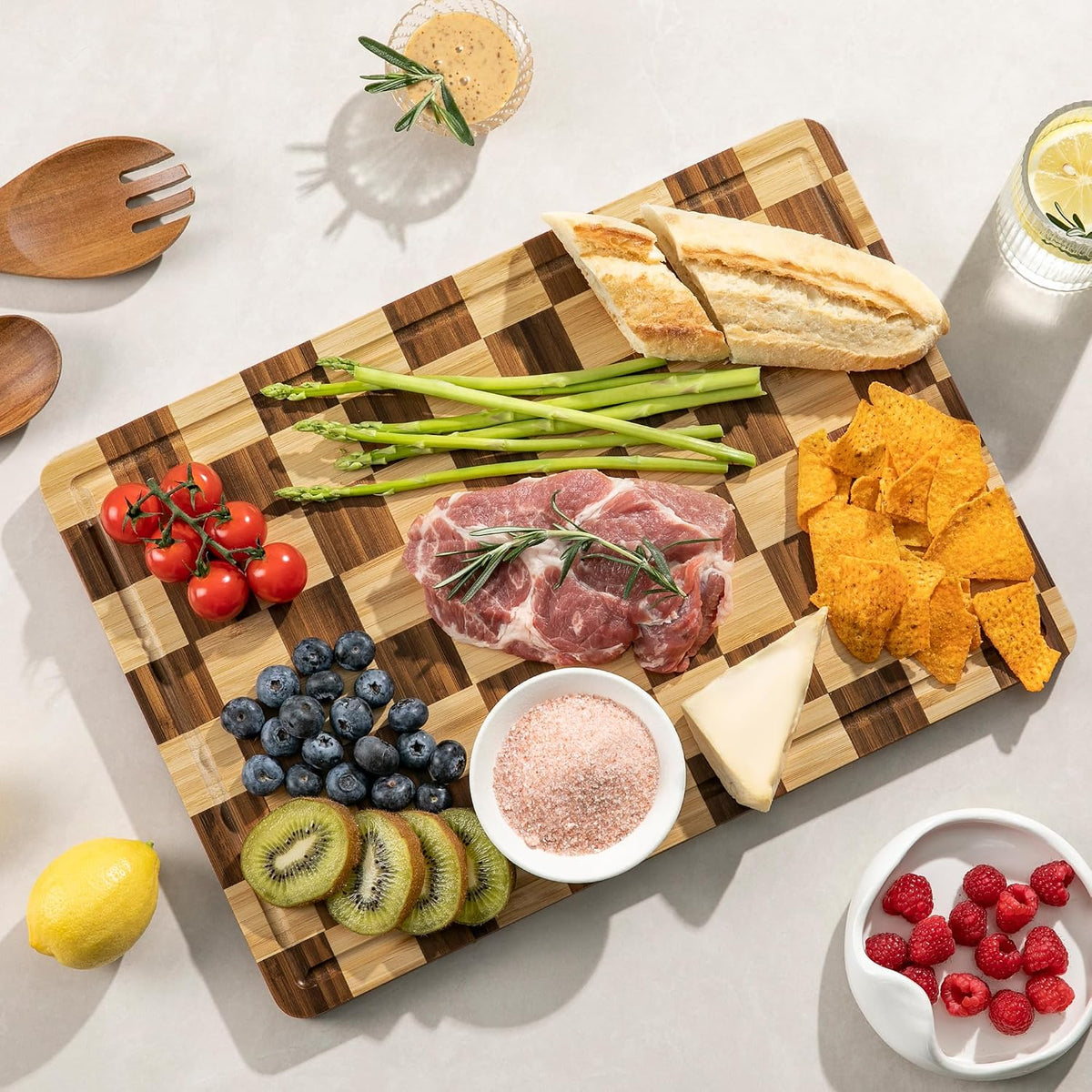 THETCHRY Checkered Cutting Board for Kitchen, Bamboo Wooden Cutting Board