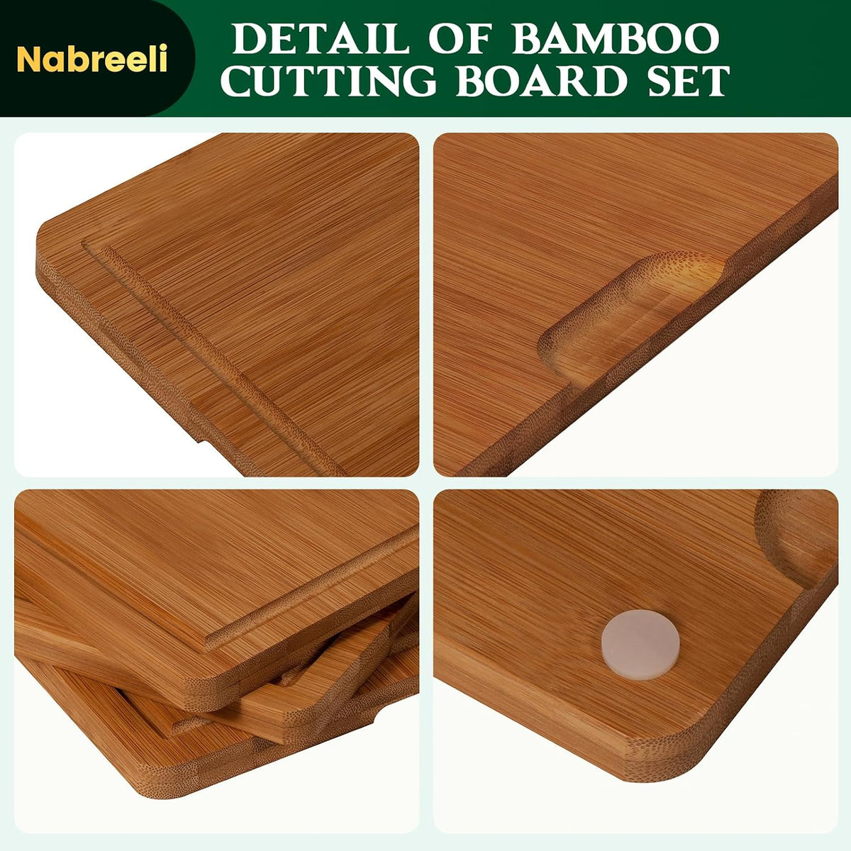 Bamboo Cutting Board Set of 3 with Stand, Carbonized Bamboo, Juice Groove