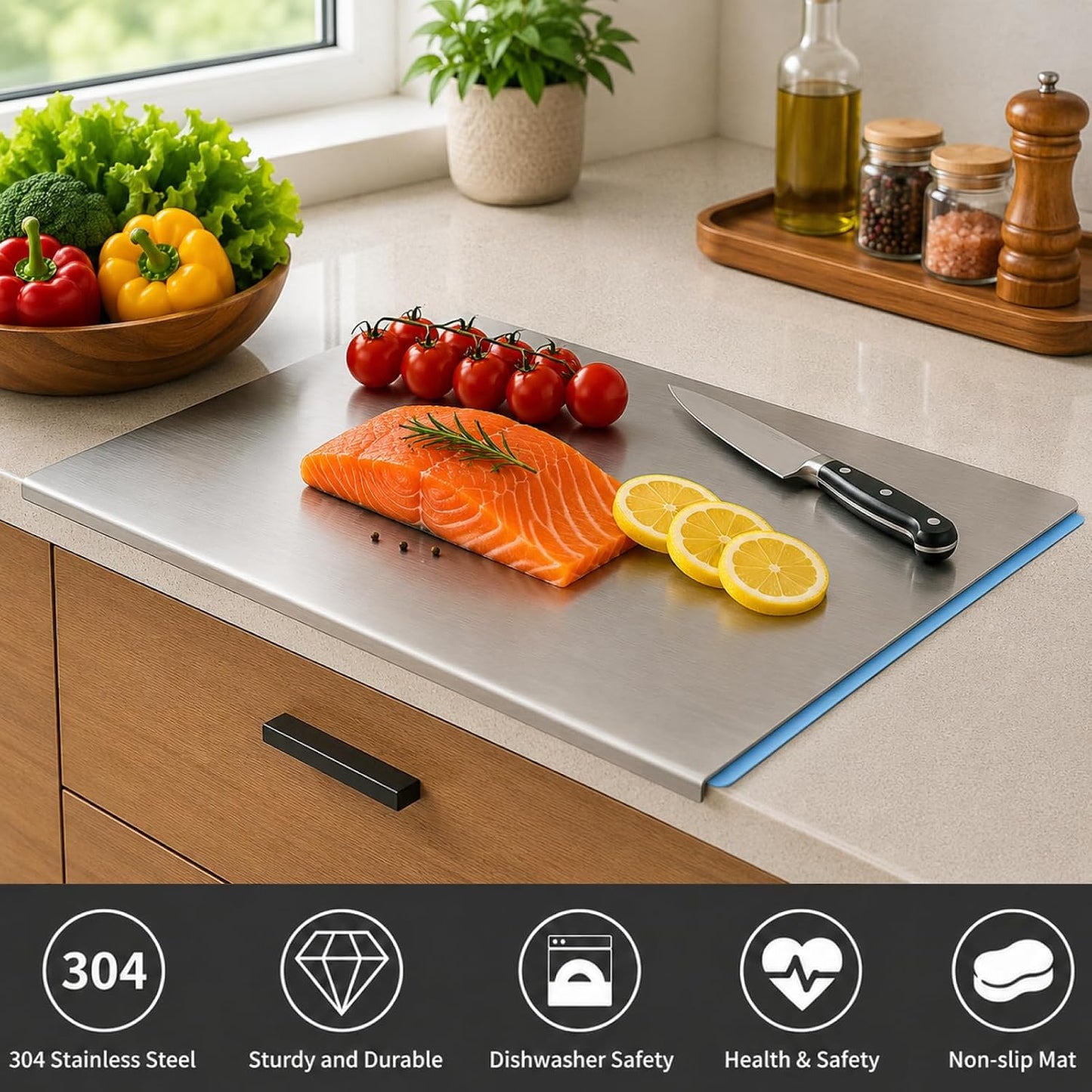 Large Stainless Steel Cutting Board with Lip for Kitchen, Chopping Boards with Blue Non-slip Mat, Cutting Board with Counter Lip for Meat, Fruits, Vegetables, Bread,Dough(15.7" × 11.8")