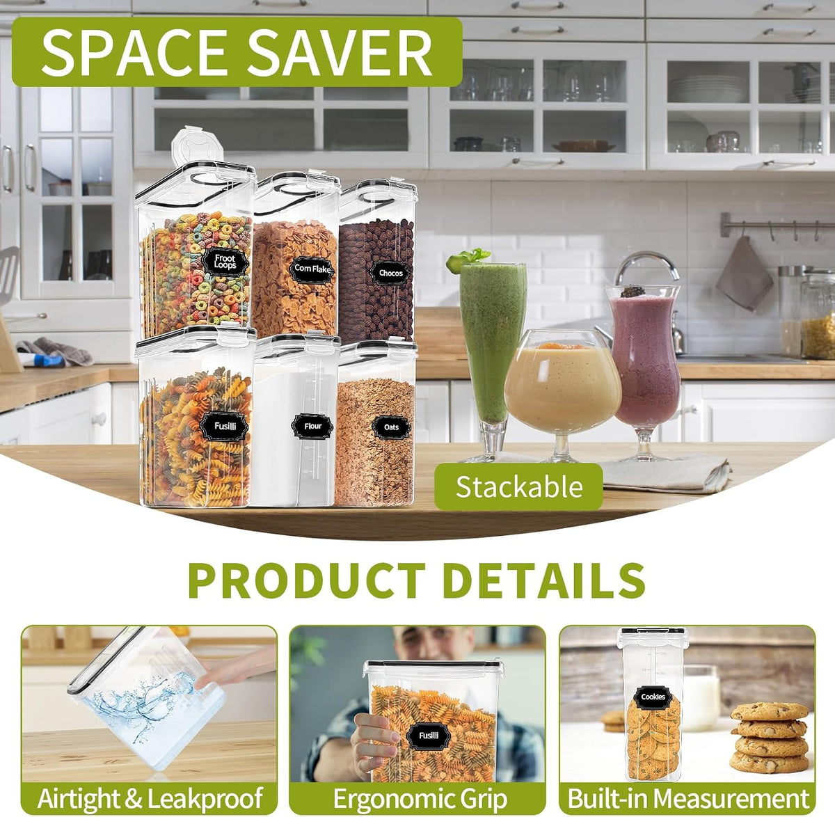 Skroam 4PCS Cereal Containers Storage [4L/135.2 oz], Airtight Food Storage Containers with Pour Spout for Kitchen & Pantry Organization Storage, Plastic Cereal Dispensers, Measuring Cup & 20 Labels