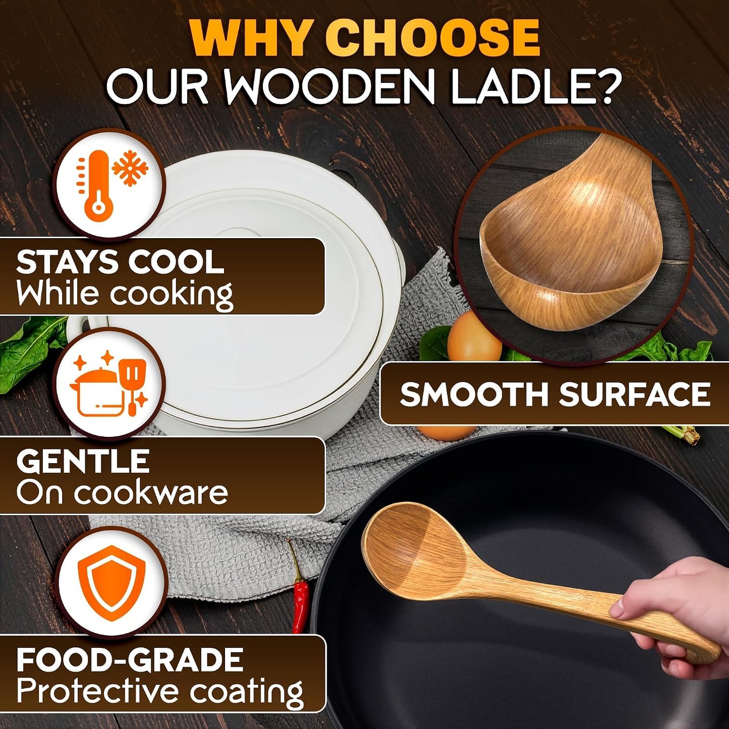 Wooden Soup Ladle 10.8 x 2.8 Inch, Long Handle Spoon with Hook End