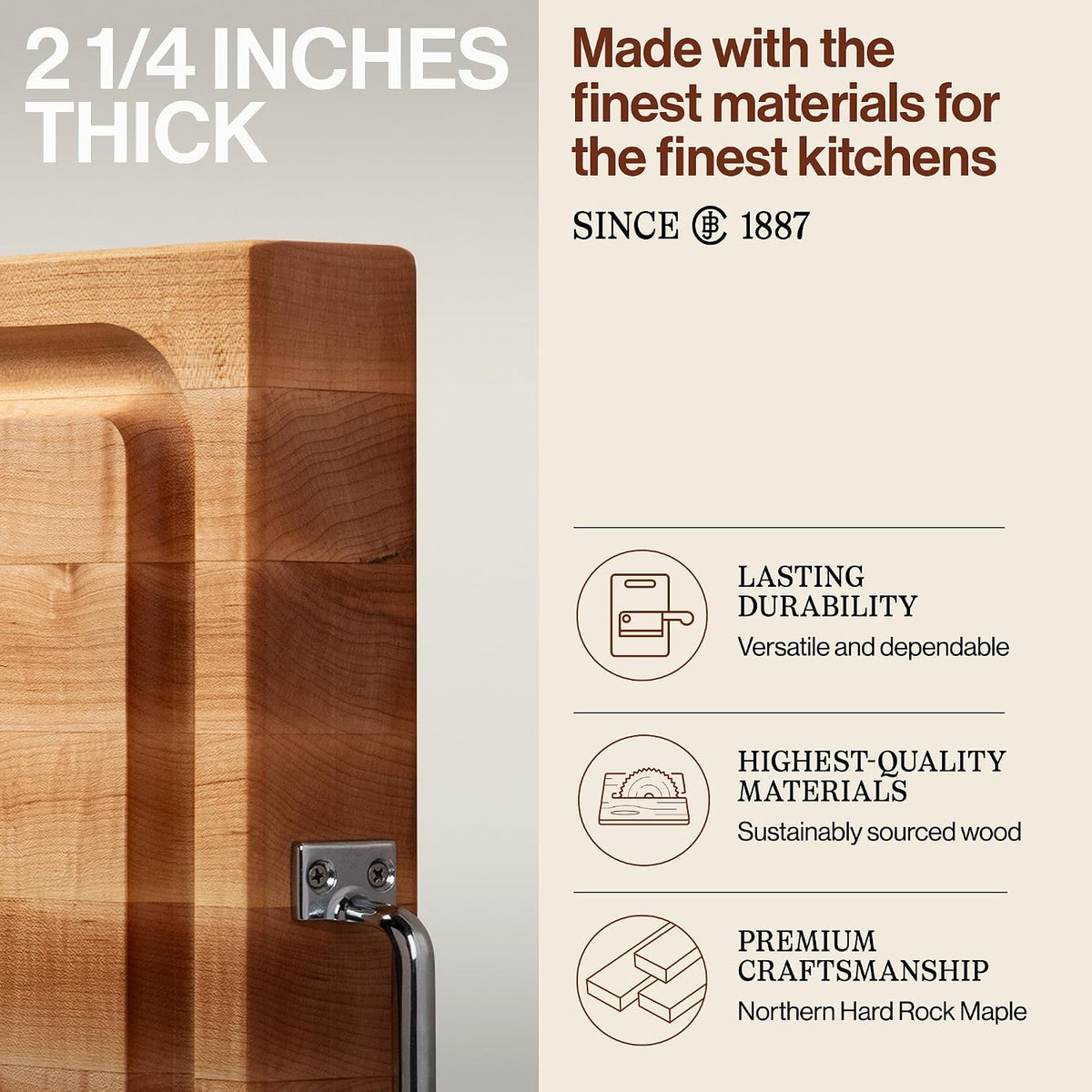 John Boos Handle Boards Series Rectangular Wooden Maple Cutting Board 24”x18” – 2.25” Thick, 30-lb Reversible Butcher Block with Juice Groove, Edge-Grain & Metal Handles – Made in the USA