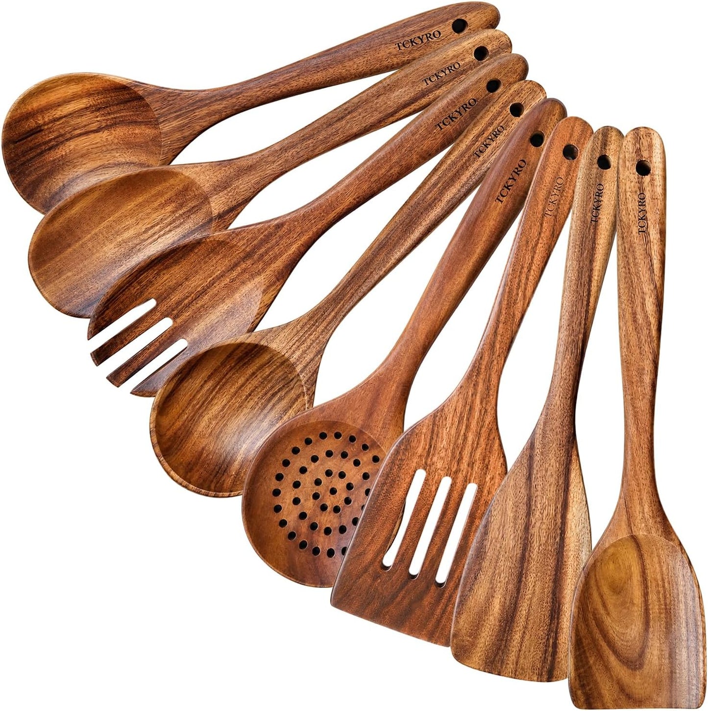 8 Piece Wooden Kitchen Utensils Set, Teak Wooden Spoons for Cooking