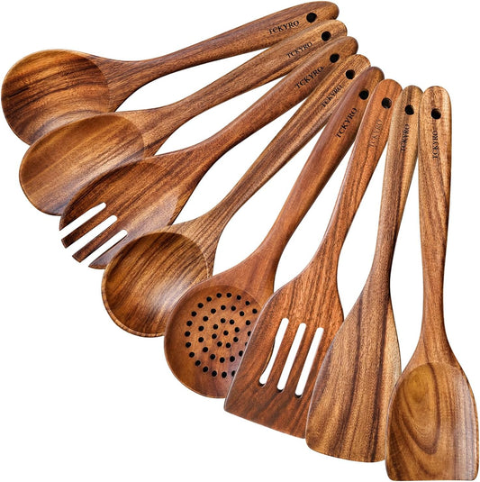 8 Piece Wooden Kitchen Utensils Set, Teak Wooden Spoons for Cooking