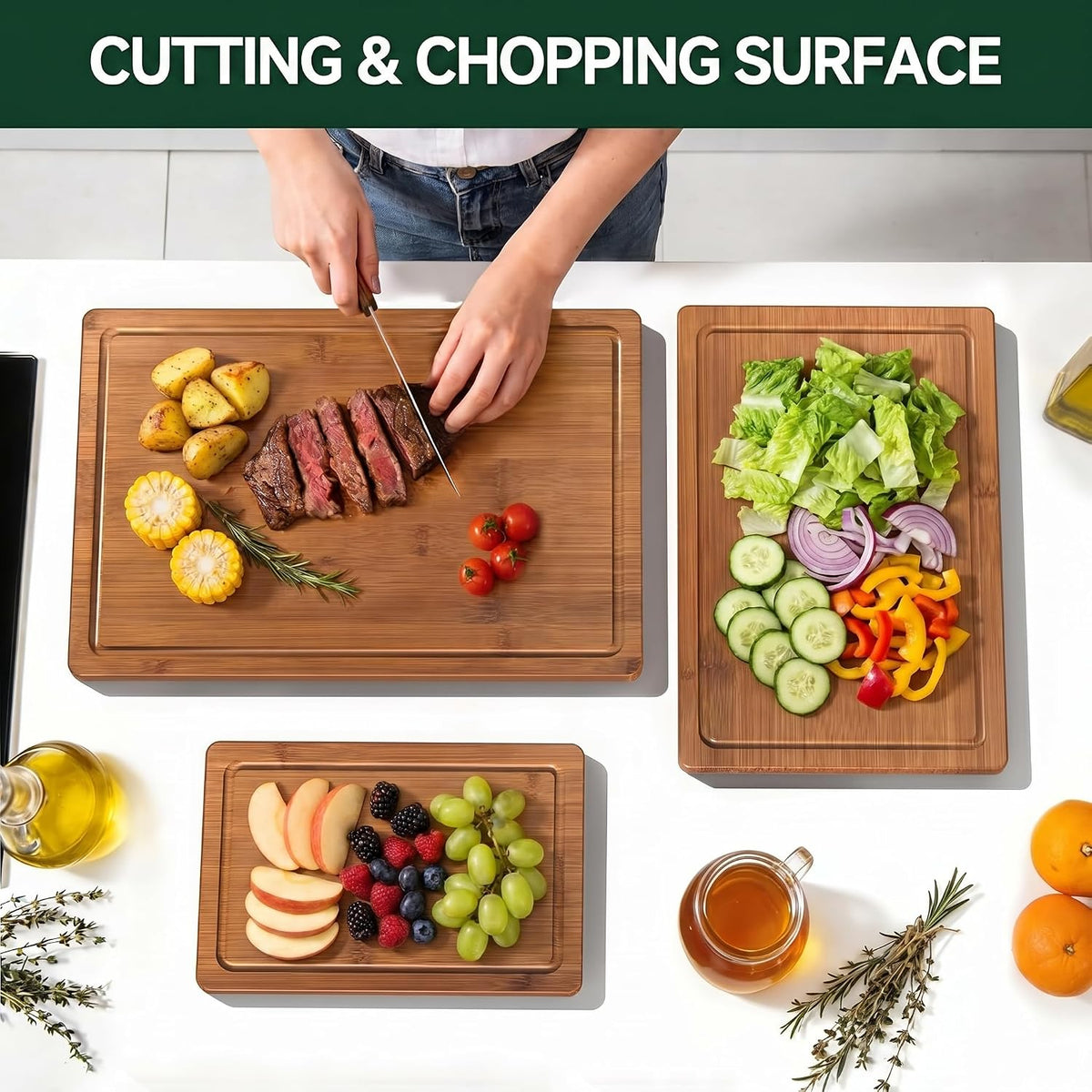 Bamboo Cutting Board Set of 3 with Stand, Carbonized Bamboo, Juice Groove
