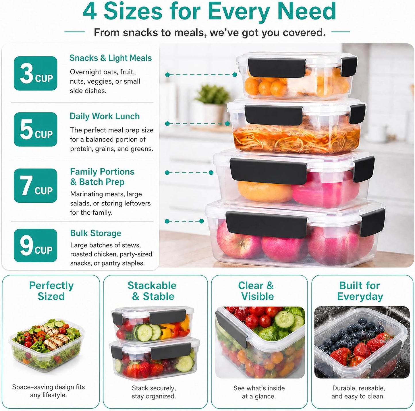 YORY 5cup Plastic Food Storage Containers With Lids For Lunch Meal Prep,5pk