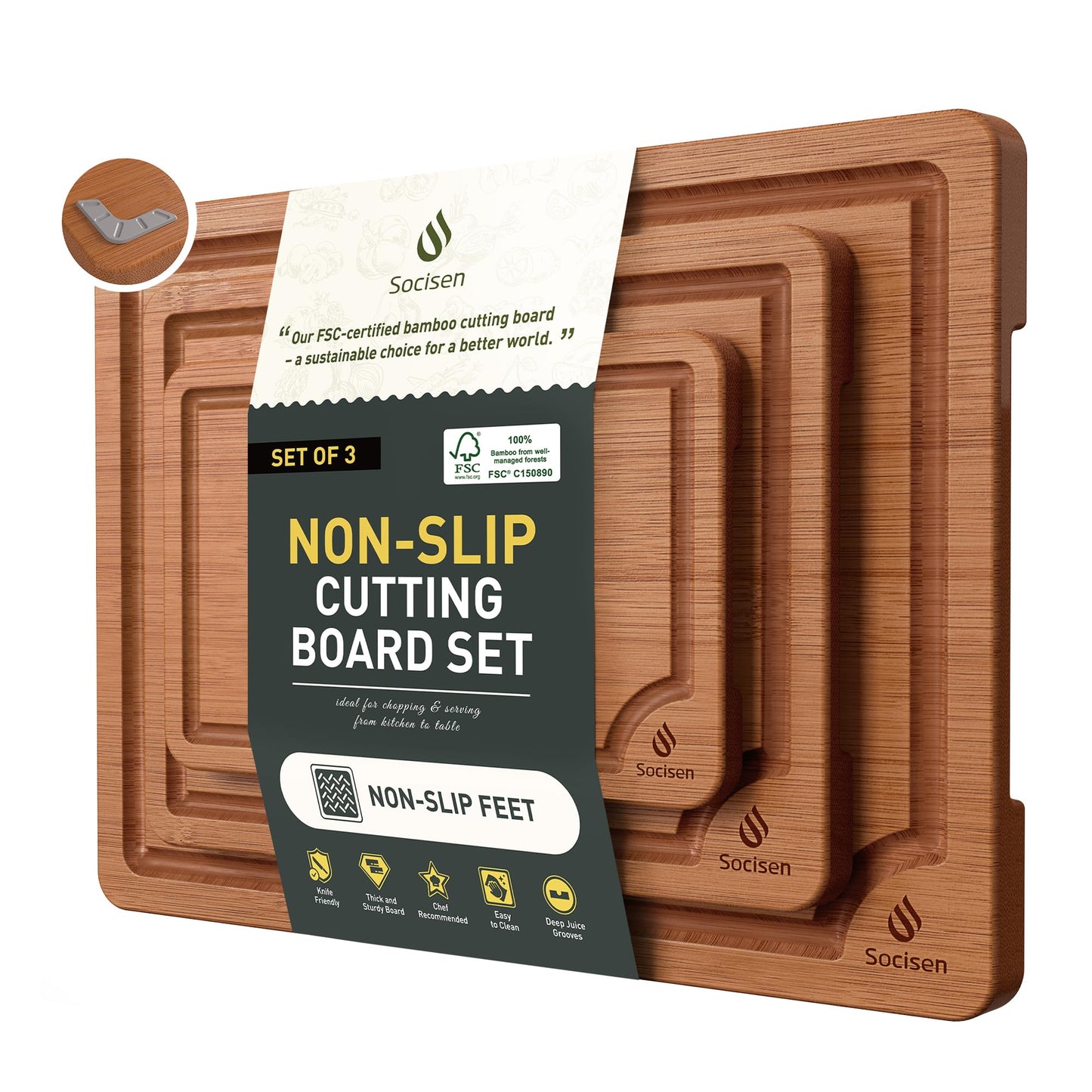 3 Packs Bamboo Cutting Board Set with Non Slip Feet Holder and Over Sink Nice Solid Thick Wood Juice Groove Chopping Board Extra Large Big Small Best Hardwood Kitchen Organic Vegetable Meat BBQ Kit