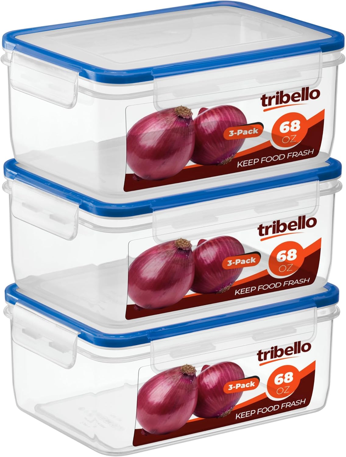 Tribello 68 oz Airtight Food Storage Containers with SnapTight Lids – Clear, Stackable, BPA-Free Meal Prep Containers for Kitchen, Freezer & Pantry – 3-Pack