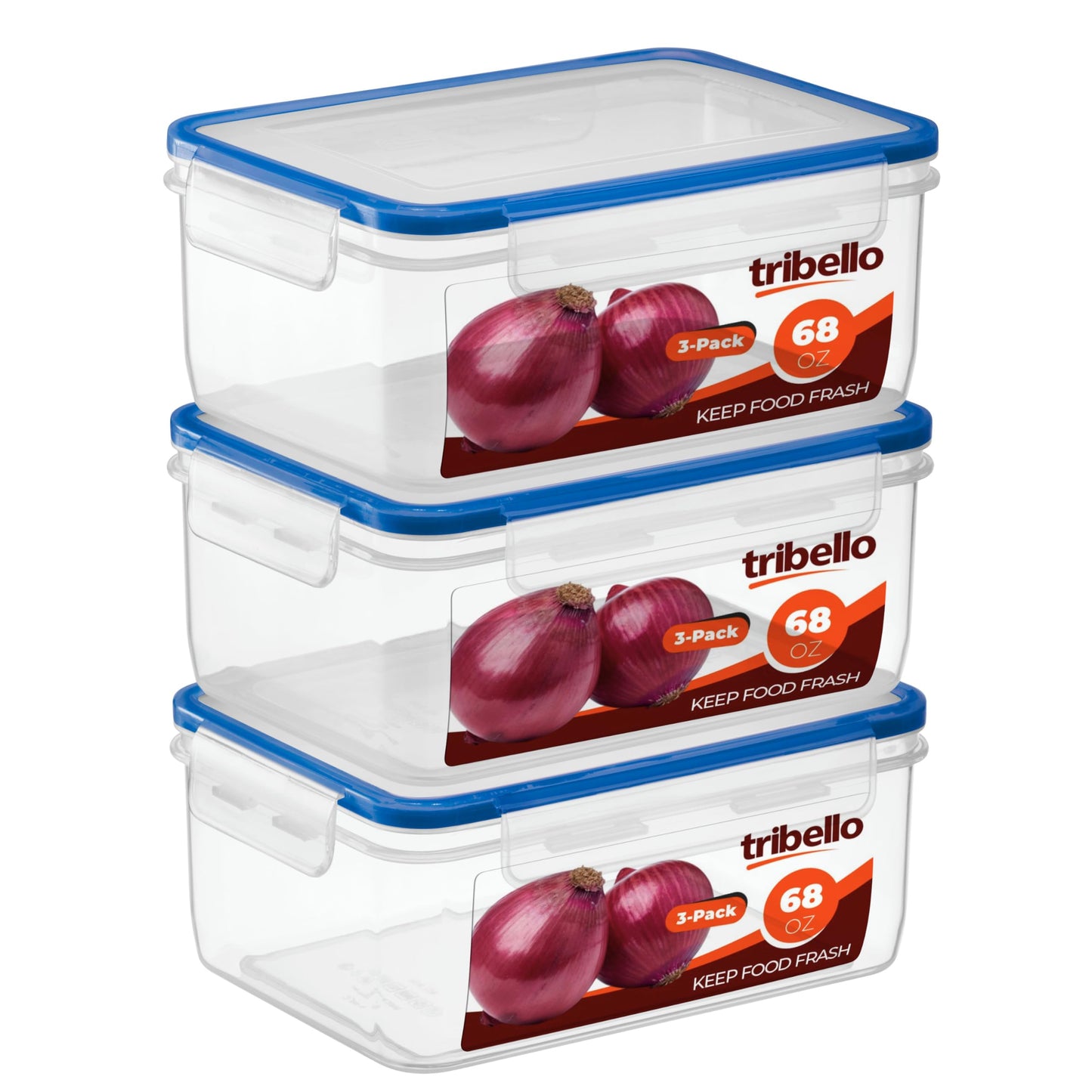 Tribello 68 oz Airtight Food Storage Containers with SnapTight Lids – Clear, Stackable, BPA-Free Meal Prep Containers for Kitchen, Freezer & Pantry – 3-Pack