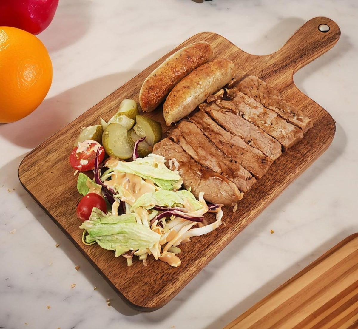 ZeQi Acacia Wood Cutting Board with Handle 13.7''X7'', Charcuterie Board, Serving Board for Cheese, Bread, Meat, Vegetables & Fruits, Natural Wooden Chopping Board for Kitchen
