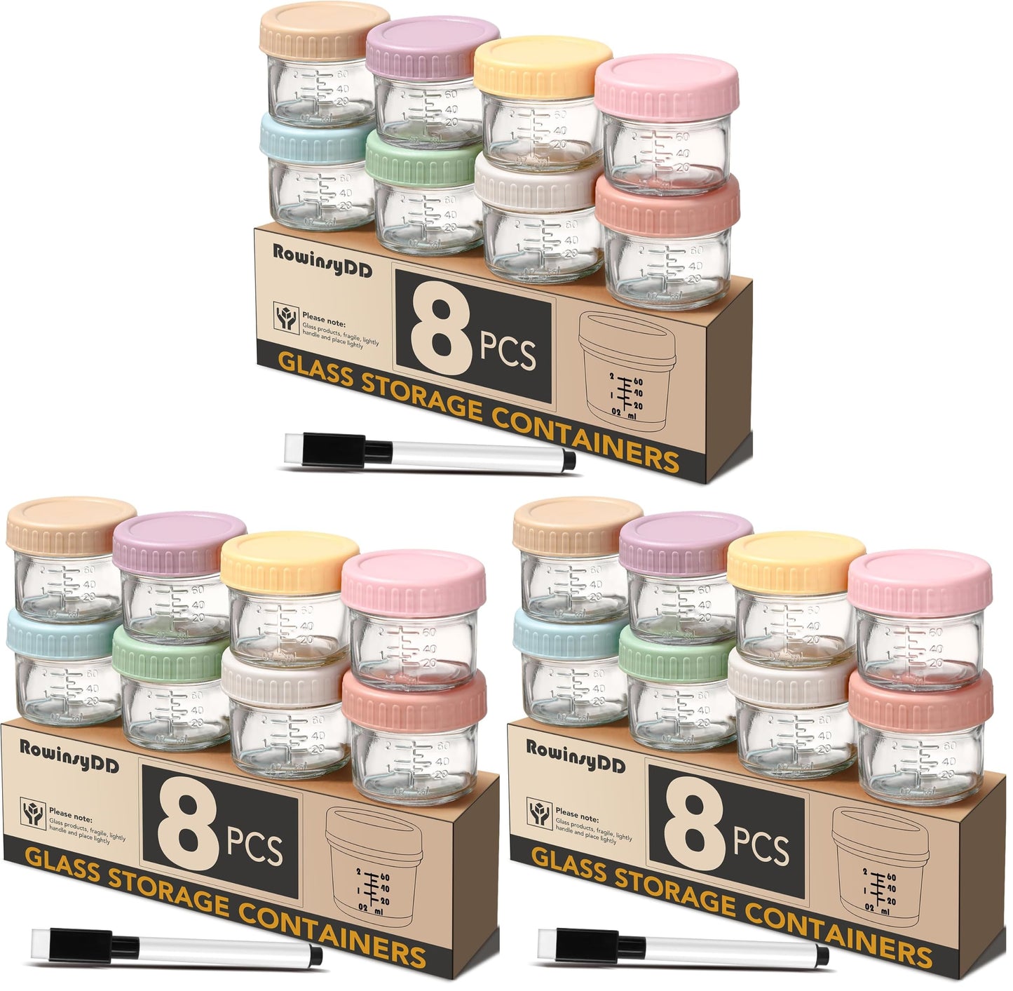 RowinsyDD Baby Food Containers, 4 oz, 8 Pack, Glass Jars with Lids