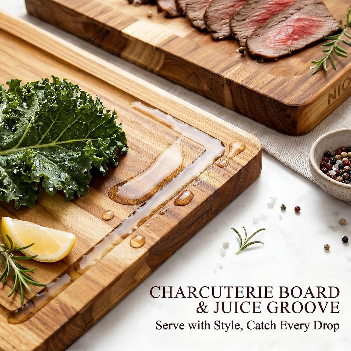 Kikcoin Teak Wood Cutting Board for Kitchen with Storage Stand, Pre-Oiled Wooden Cutting Board Set of 3, Large Butcher Block Charcuterie Boards with Juice Groove for Meat, Cheese, Pizza