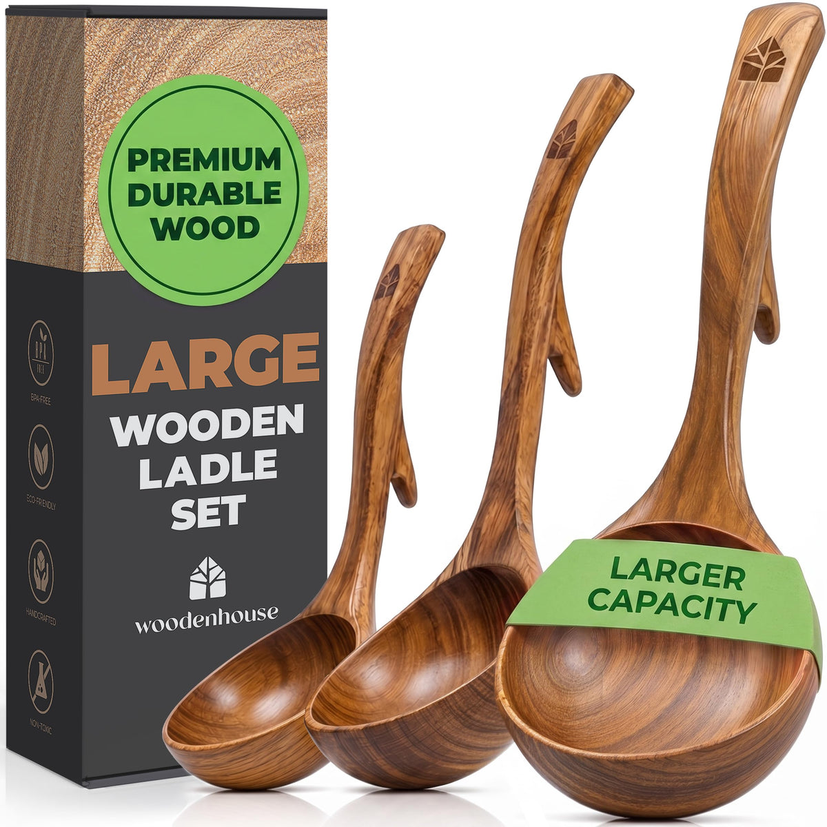 Wooden Ladle for Cooking, 12.4" Teak Soup Spoon, Medium 2 oz Serving Scoop