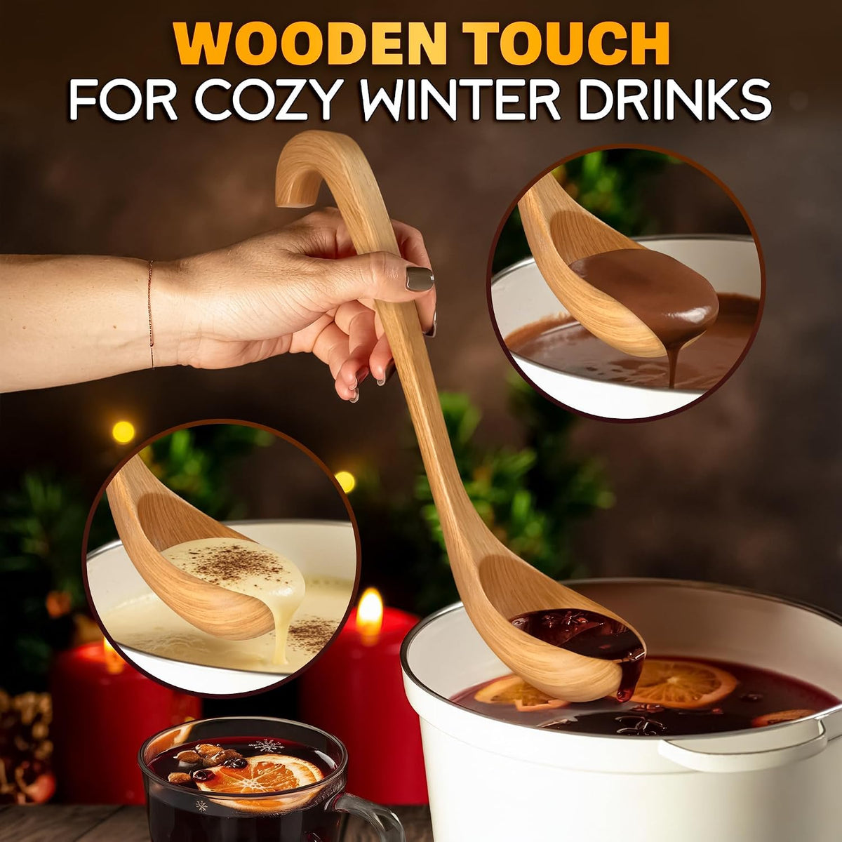 Wooden Soup Ladle 10.8 x 2.8 Inch, Long Handle Spoon with Hook End