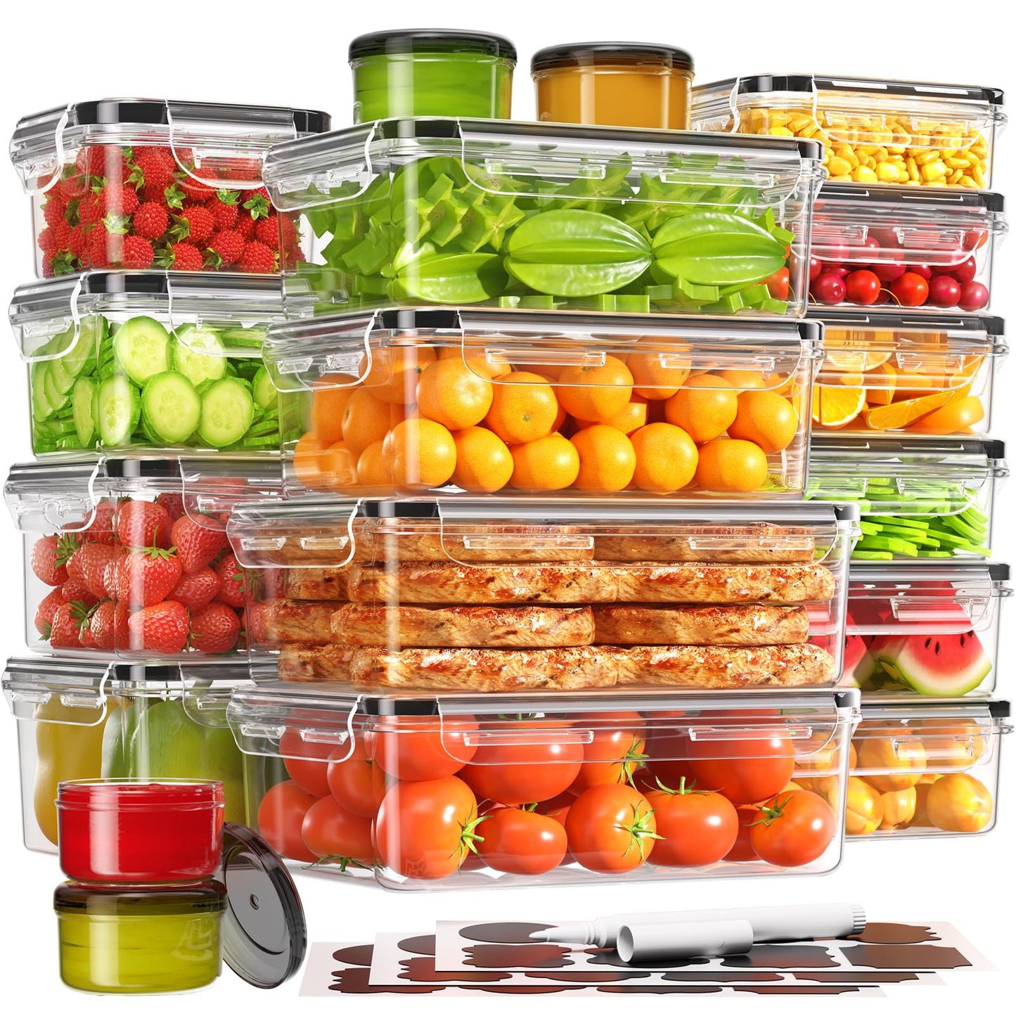 KEMETHY 36-Piece Food Storage Containers with Lids(18 Container & 18 Lid), Plastic Food Containers for Pantry & Kitchen Storage and Organization, BPA-Free, Leak Proof, Reusable with Labels & Pen