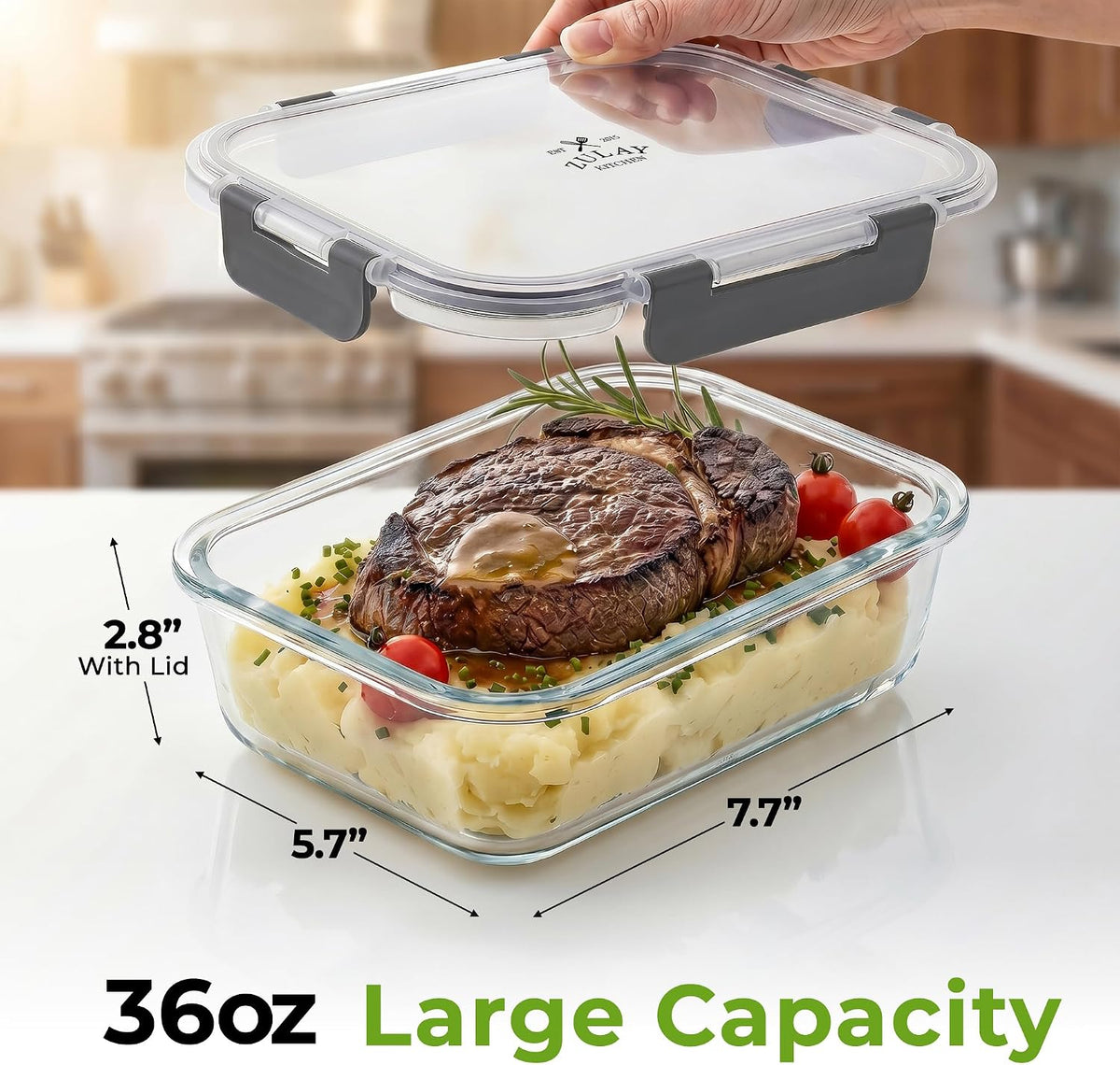 Zulay Kitchen 5 Piece Large 36oz Glass Storage Container Sets with Lids - Premium BPA Free Borosilicate Glass Food Storage Containers - Leak-Proof Meal Prep - Microwave, Freezer & Oven Safe - Gray