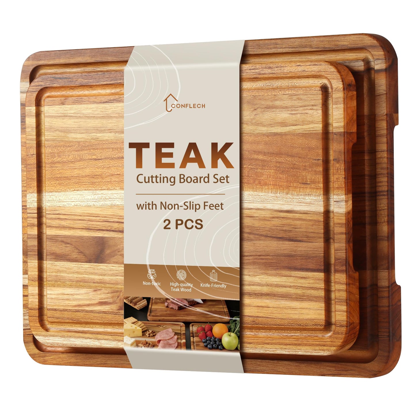 3 Pack Teak Cutting Board Set for Kitchen Wood Charcuterie Board with Juice Groove Wooden Cutting Boards Non Toxic Heavy Duty Slip Over Sink Solid Thick Chopping Board FSC
