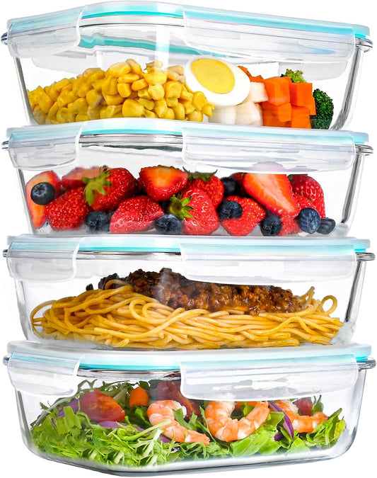 LOVYANXUE 4 Pack 52oz Large Glass Food Storage Containers with Lids, Meal Prep Containers with Airtight Lid for Storing, Baking, Serving, BPA-Free, Freezer, Microwave, Oven & Dishwasher Safe