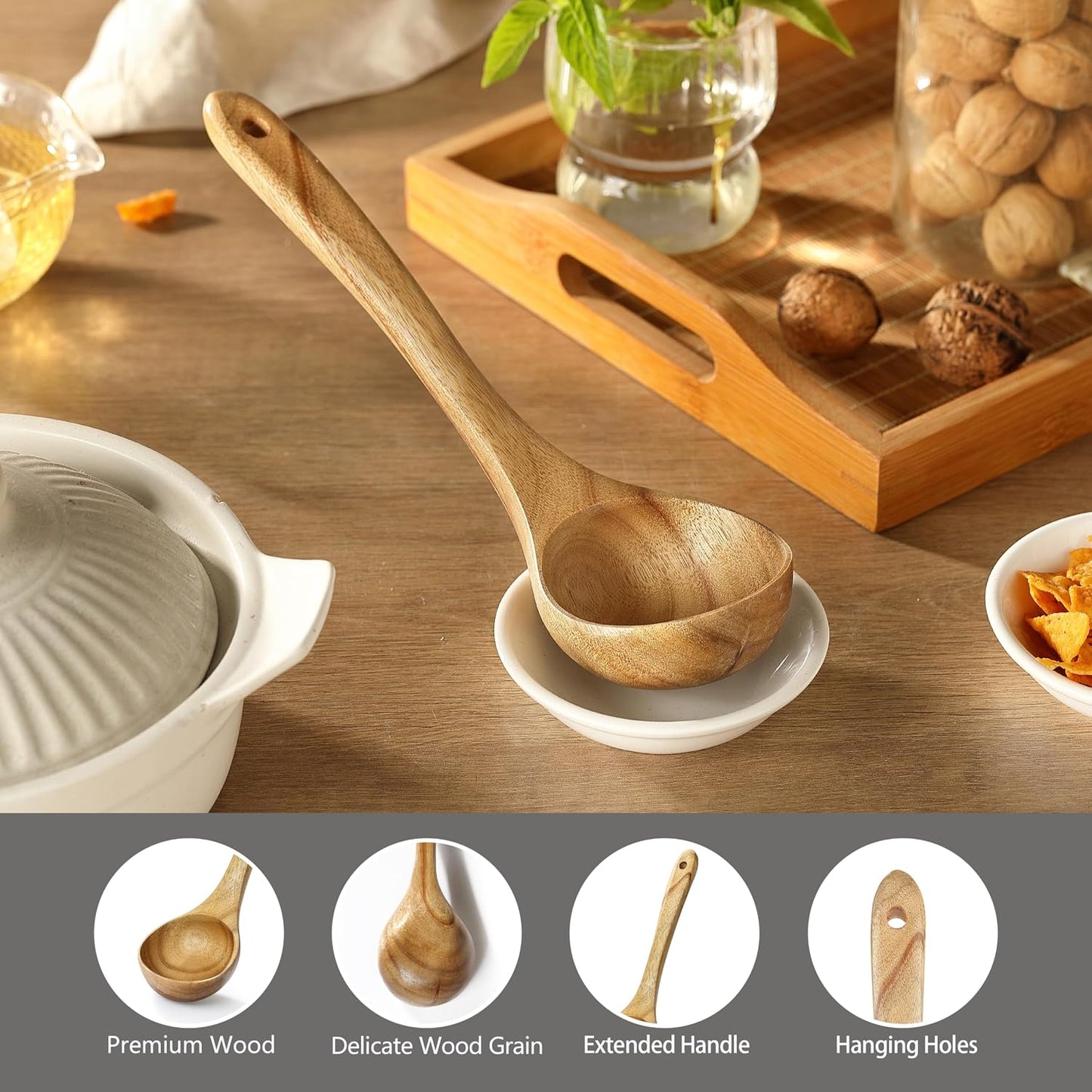 Ladle, Kaloo Teak Acacia Wooden Soup Ladle Spoons for Cooking, 10.6 inch, Gift Box Included