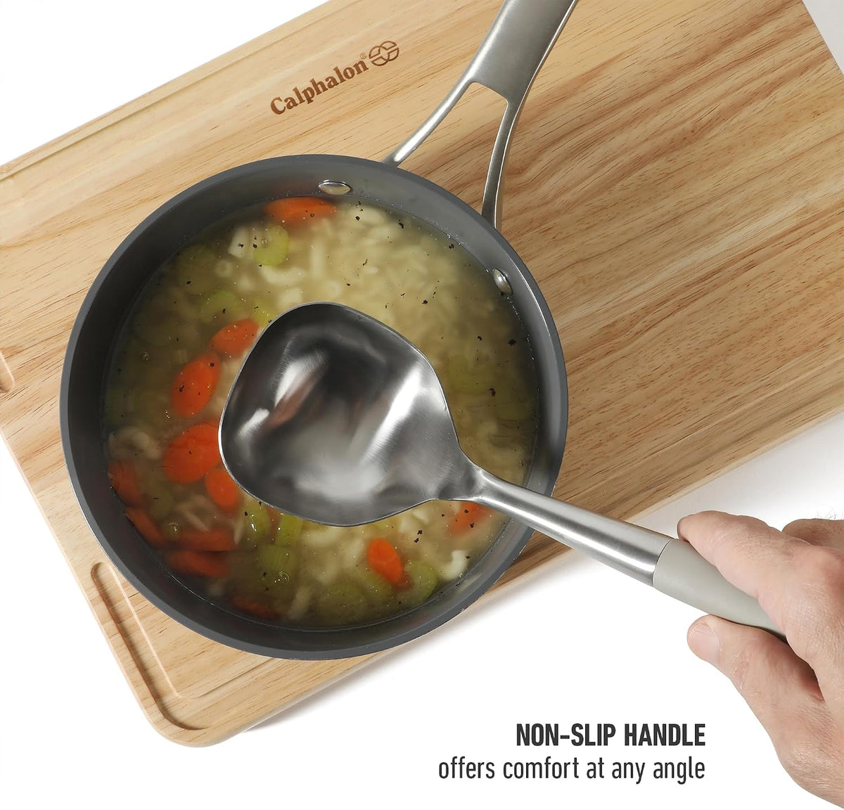 Calphalon Edge Soup Ladle, Stainless Steel Soup Ladle, Serving Ladle with Silicone Handle, Heat-Resistant Nonstick-Safe Kitchen Ladle for Soups, Sauces & Stews, Taupe