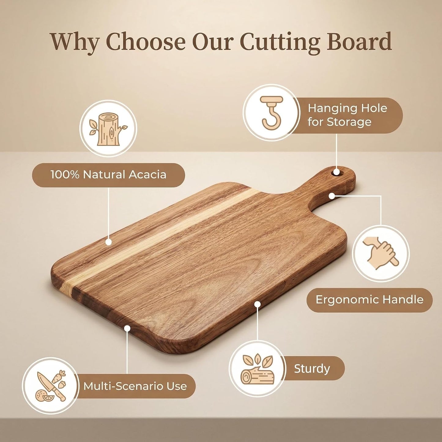 ZeQi Acacia Wood Cutting Board with Handle 13.7''X7'', Charcuterie Board, Serving Board for Cheese, Bread, Meat, Vegetables & Fruits, Natural Wooden Chopping Board for Kitchen