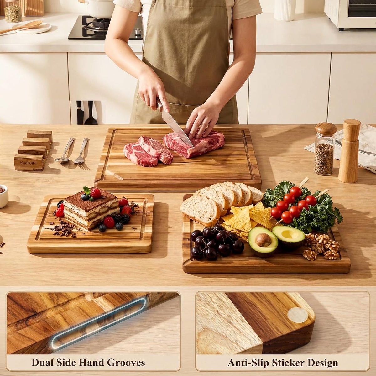 Kikcoin Teak Wood Cutting Board for Kitchen with Storage Stand, Pre-Oiled Wooden Cutting Board Set of 3, Large Butcher Block Charcuterie Boards with Juice Groove for Meat, Cheese, Pizza