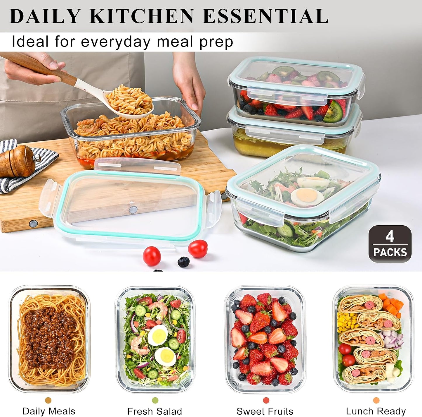 LOVYANXUE 4 Pack 52oz Large Glass Food Storage Containers with Lids, Meal Prep Containers with Airtight Lid for Storing, Baking, Serving, BPA-Free, Freezer, Microwave, Oven & Dishwasher Safe