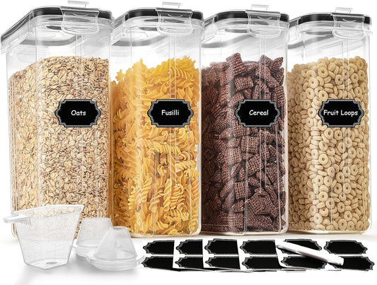 Cereal Containers Storage Set (4L / 135.2oz), 4PCS Airtight Food Storage Containers with Lids, Cereal Dispensers for Kitchen Pantry Organization and Storage with Pour Spout, 20 Labels, Marker