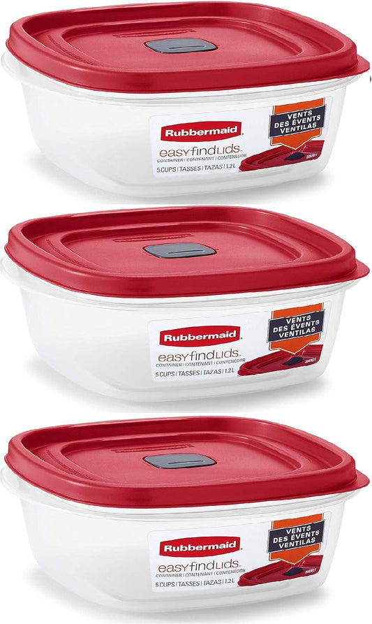Rubbermaid Easy Find Lid Square 5-Cup Food Storage Container (Pack of 3), Red (Vented)